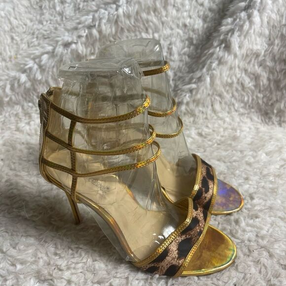 Shoe Dazzle leopard print and gold synthetic straps sandals back Zipper SZ8 - Picture 2 of 10